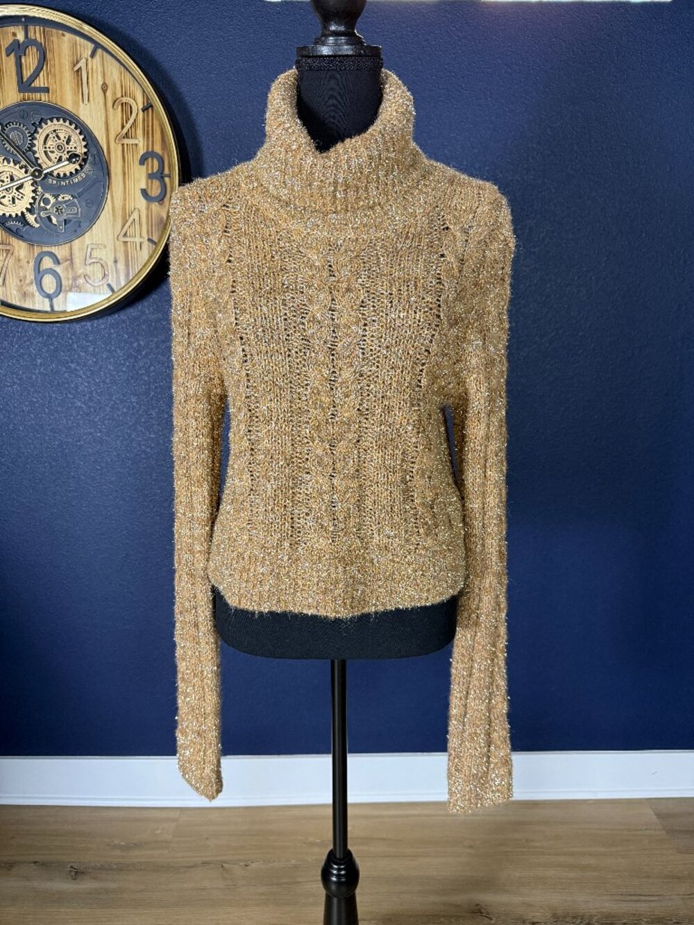 Pilcro Anthropologie Shine Gold Metallic Cable Knit Turtleneck Sweater | M